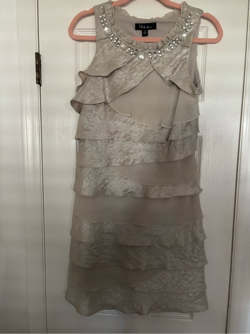 SL Fashions Taupe Layered Ruffle Dress with Beaded Collar